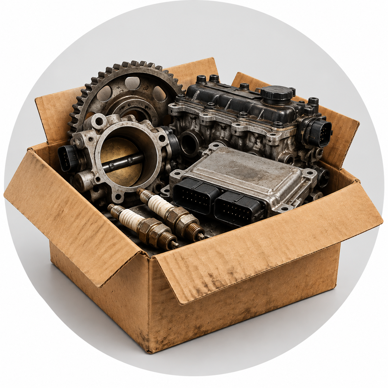 Used Engine Parts in Cardboard Box